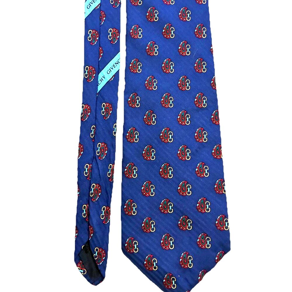 Vintage Givenchy Paris Silk Tie Logo Blue Paisley Gold Chain Retro 80s England